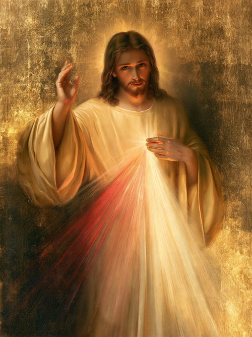 Divine Mercy Jesus in radiant golden light in Sacred Gold style, portrait Christian artwork no. 7