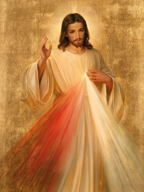 Divine Mercy Jesus in radiant golden light in Sacred Gold style, portrait Christian artwork no. 11