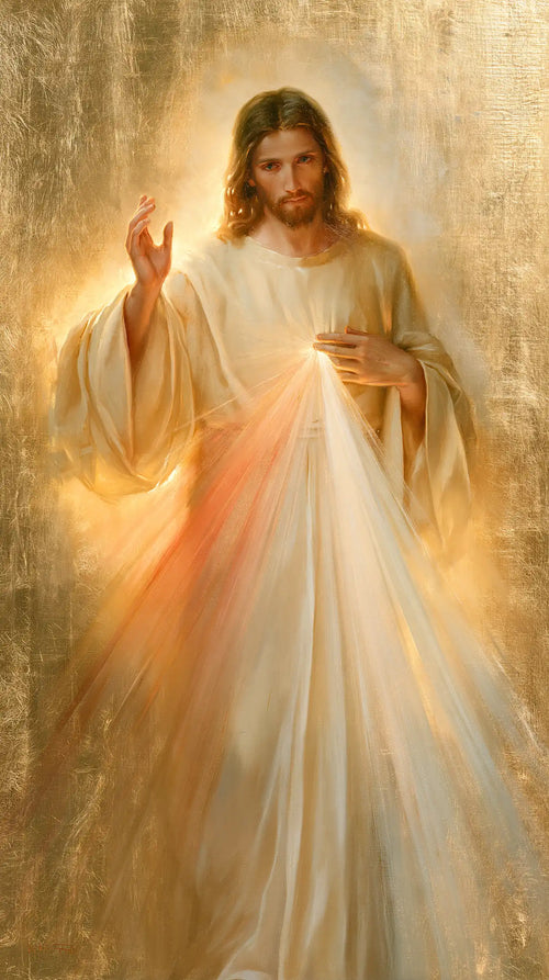 Divine Mercy Jesus in radiant golden light in Sacred Gold style, portrait Christian artwork no. 17