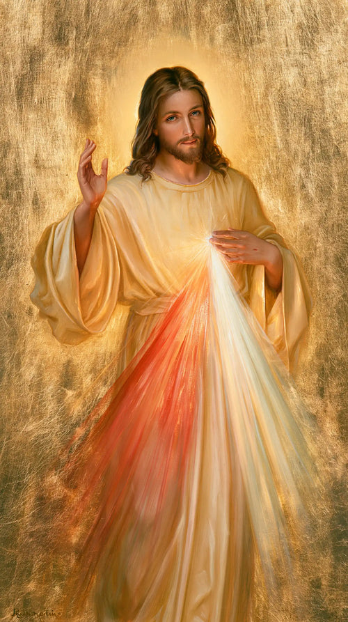 Divine Mercy Jesus in radiant golden light in Sacred Gold style, portrait Christian artwork no. 18