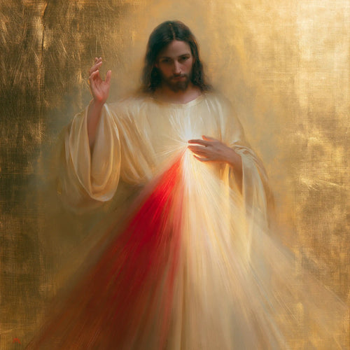 Divine Mercy Jesus in radiant golden light in Sacred Gold style, square Christian artwork no. 1