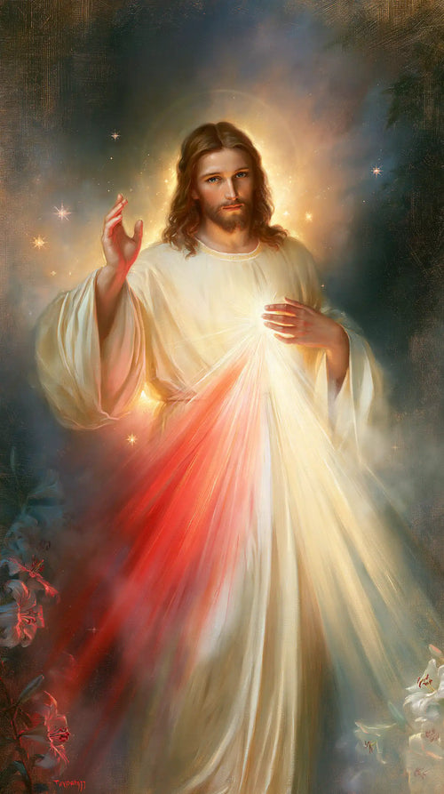 Divine Mercy Jesus in a symbolist composition in Symbolist style, portrait Christian artwork no. 1