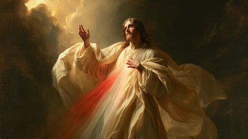 Divine Mercy Jesus in a theatrical Baroque scene in Theatrical Baroque style, landscape Christian artwork no. 3