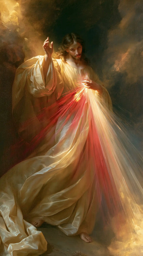 Divine Mercy Jesus in a theatrical Baroque scene in Theatrical Baroque style, portrait Christian artwork no. 1