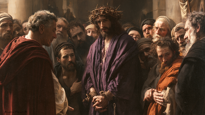 Ecce Homo — The Bowed Brow Before the Garnet Cloak