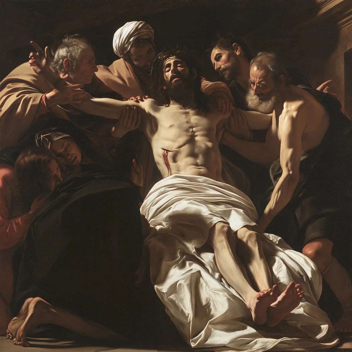 Entombment of Jesus Christ in Caravaggio Tenebrism style, square Christian artwork no. 2