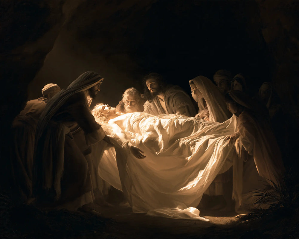 Entombment of Jesus Christ in Divine Light style, landscape Christian artwork no. 5