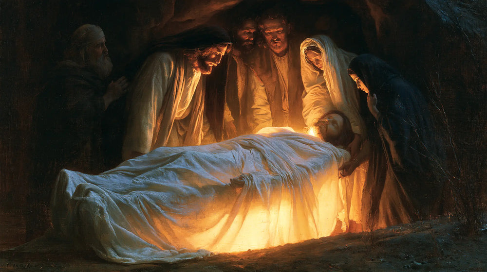 Entombment of Jesus Christ in Divine Light style, landscape Christian artwork no. 12