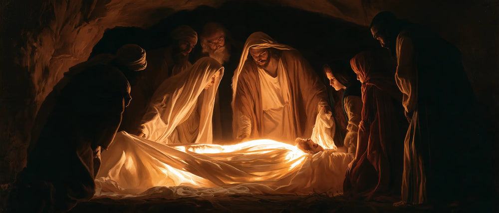 Entombment of Jesus Christ in Divine Light style, landscape Christian artwork no. 13