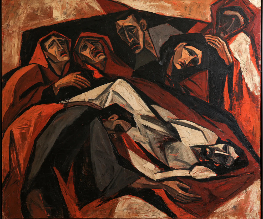 Entombment of Jesus Christ in Expressionist style, landscape Christian artwork no. 1