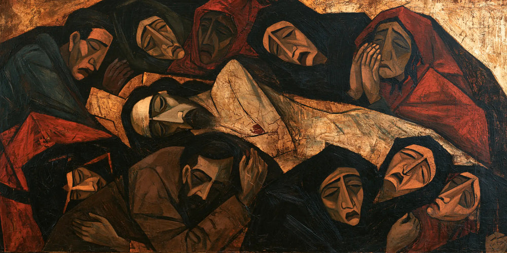 Entombment of Jesus Christ in Expressionist style, landscape Christian artwork no. 8