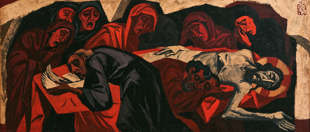 Entombment of Jesus Christ in Expressionist style, landscape Christian artwork no. 11