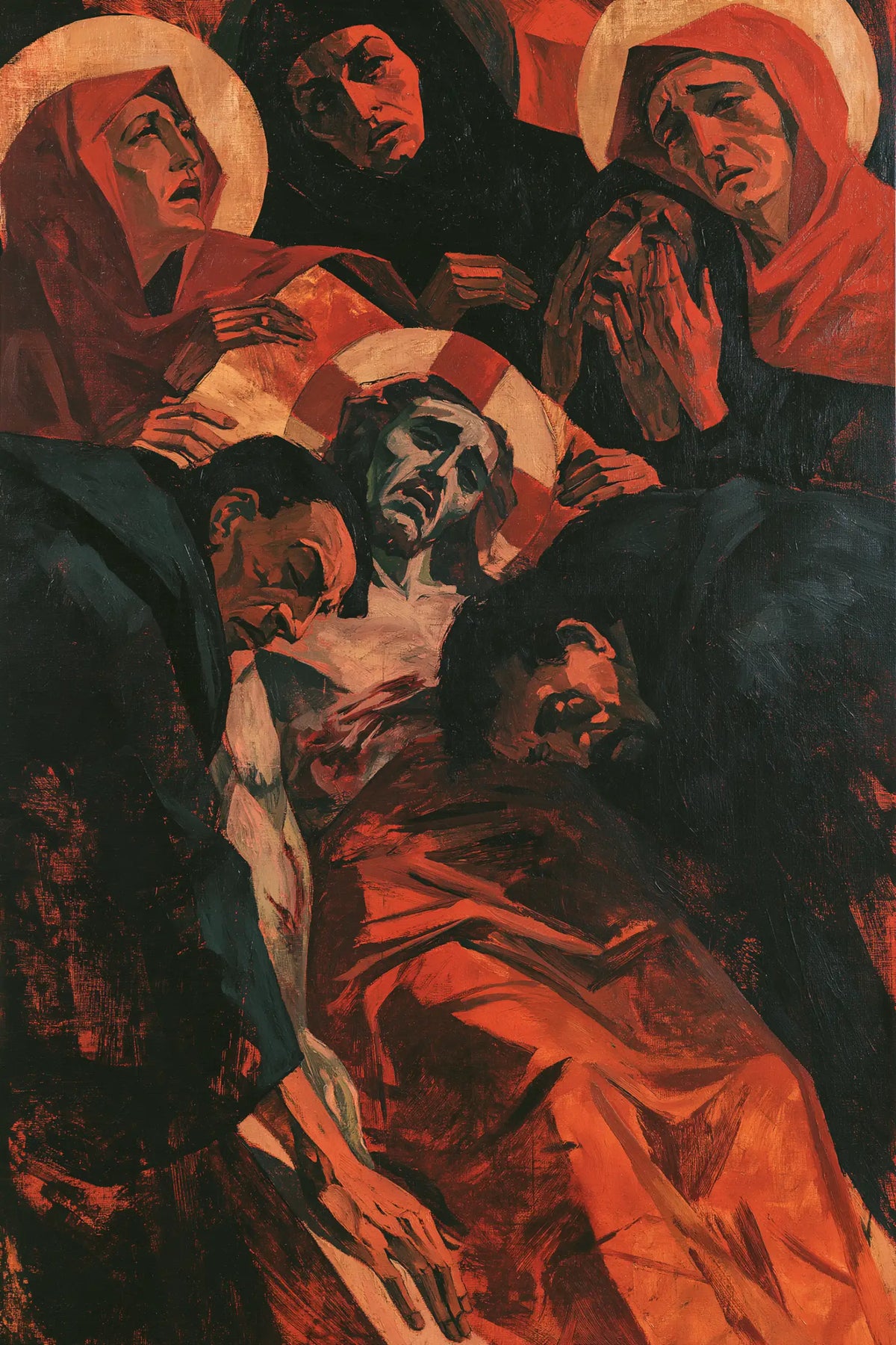 Entombment of Jesus Christ in Expressionist style, portrait Christian artwork no. 13