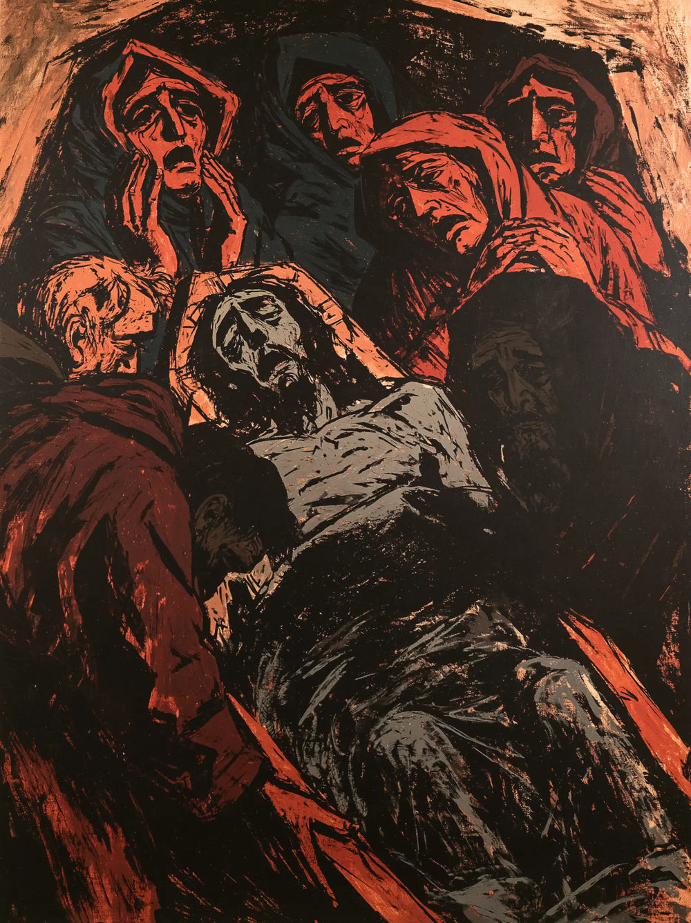Entombment of Jesus Christ in Expressionist style, portrait Christian artwork no. 17