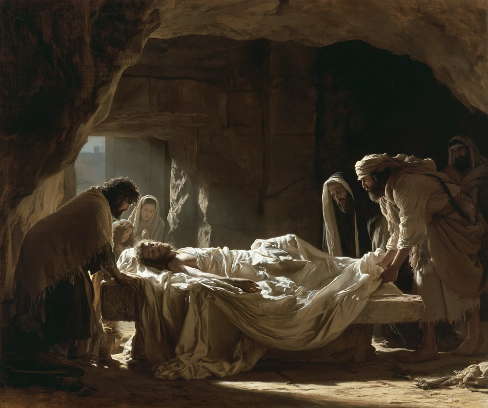Entombment of Jesus Christ in Inside the Tomb style, landscape Christian artwork no. 1