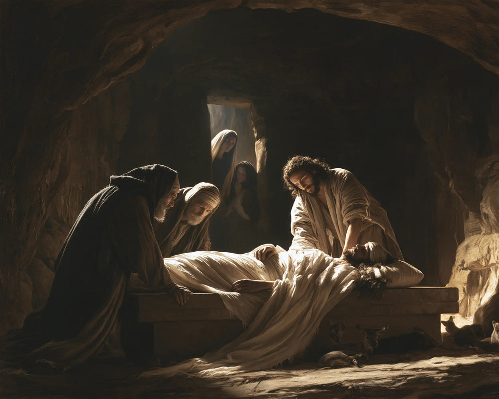 Entombment of Jesus Christ in Inside the Tomb style, landscape Christian artwork no. 2