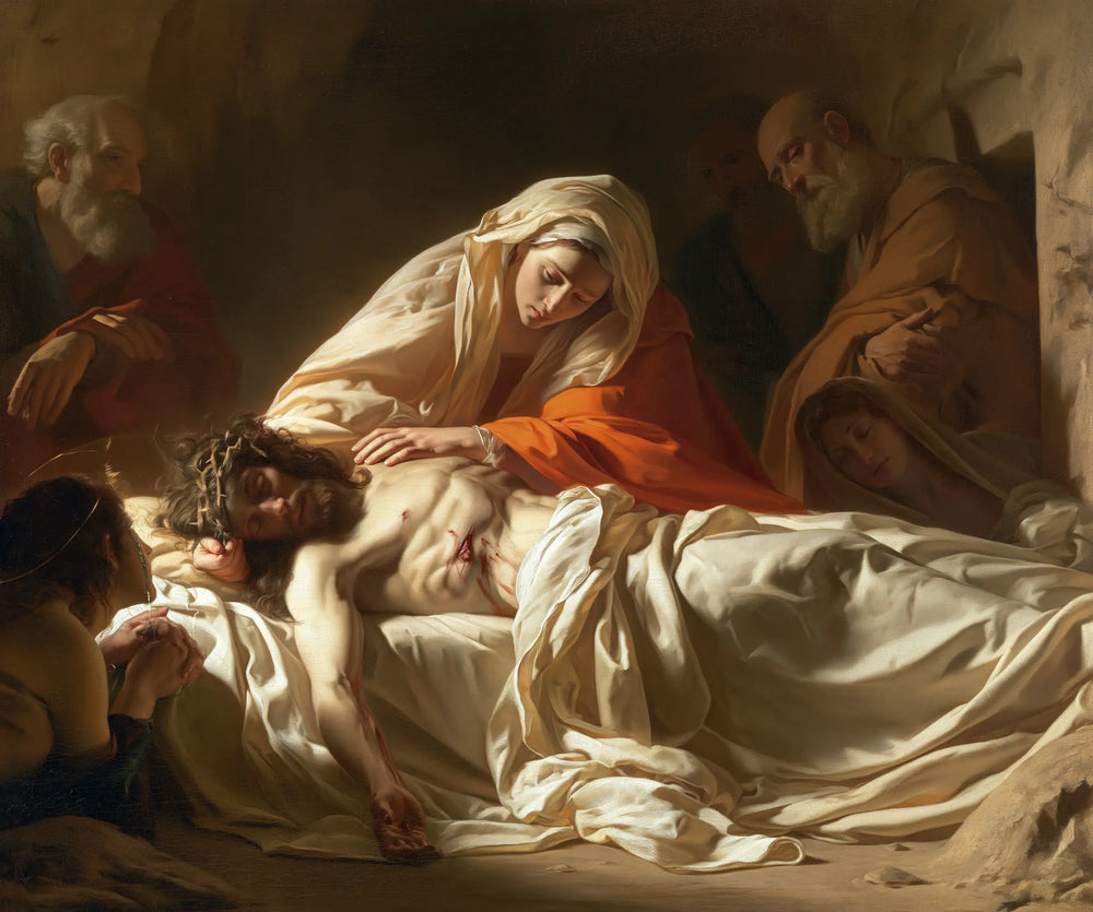 Entombment of Jesus Christ in Intimate Mourning style, landscape Christian artwork no. 1