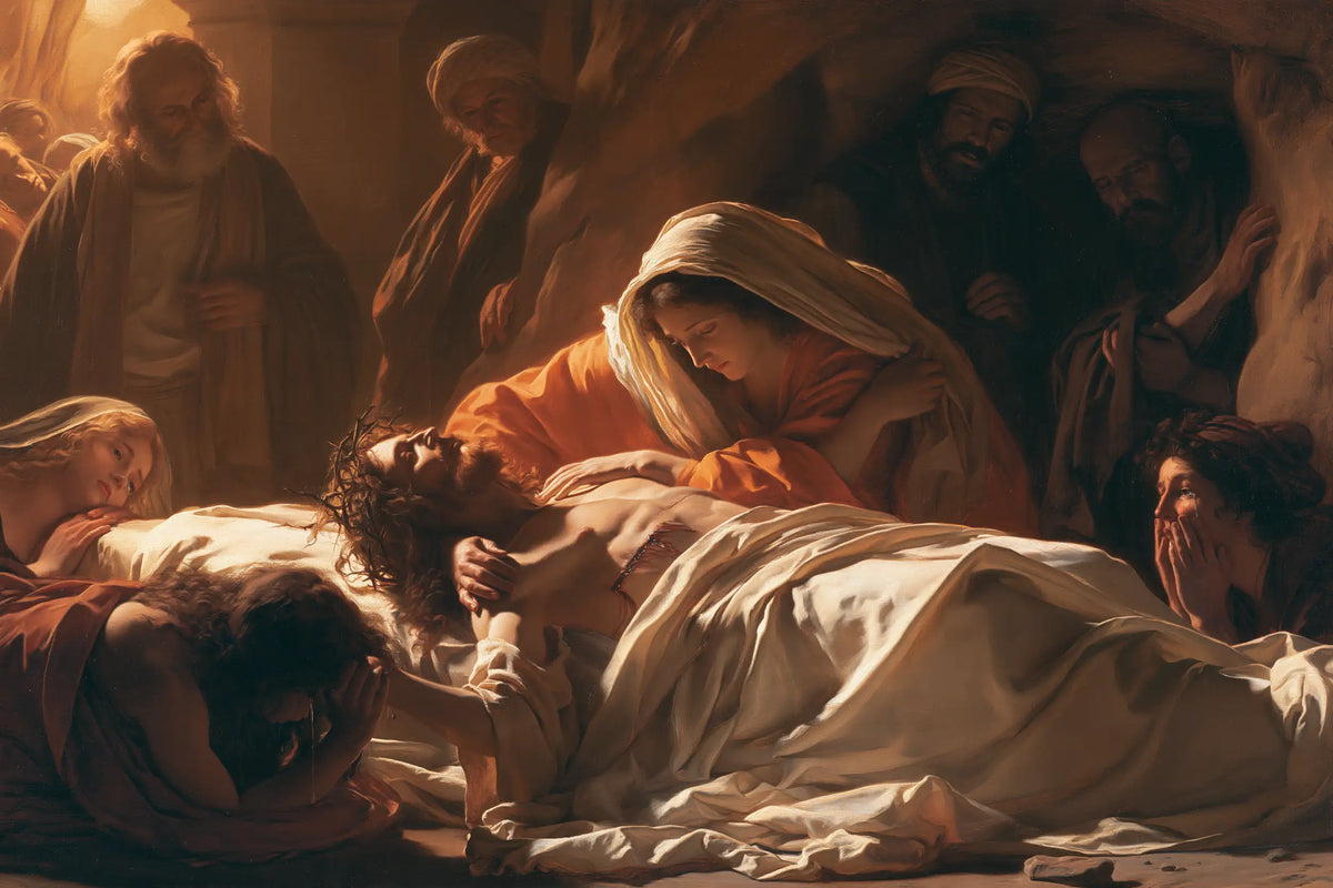 Entombment of Jesus Christ in Intimate Mourning style, landscape Christian artwork no. 2