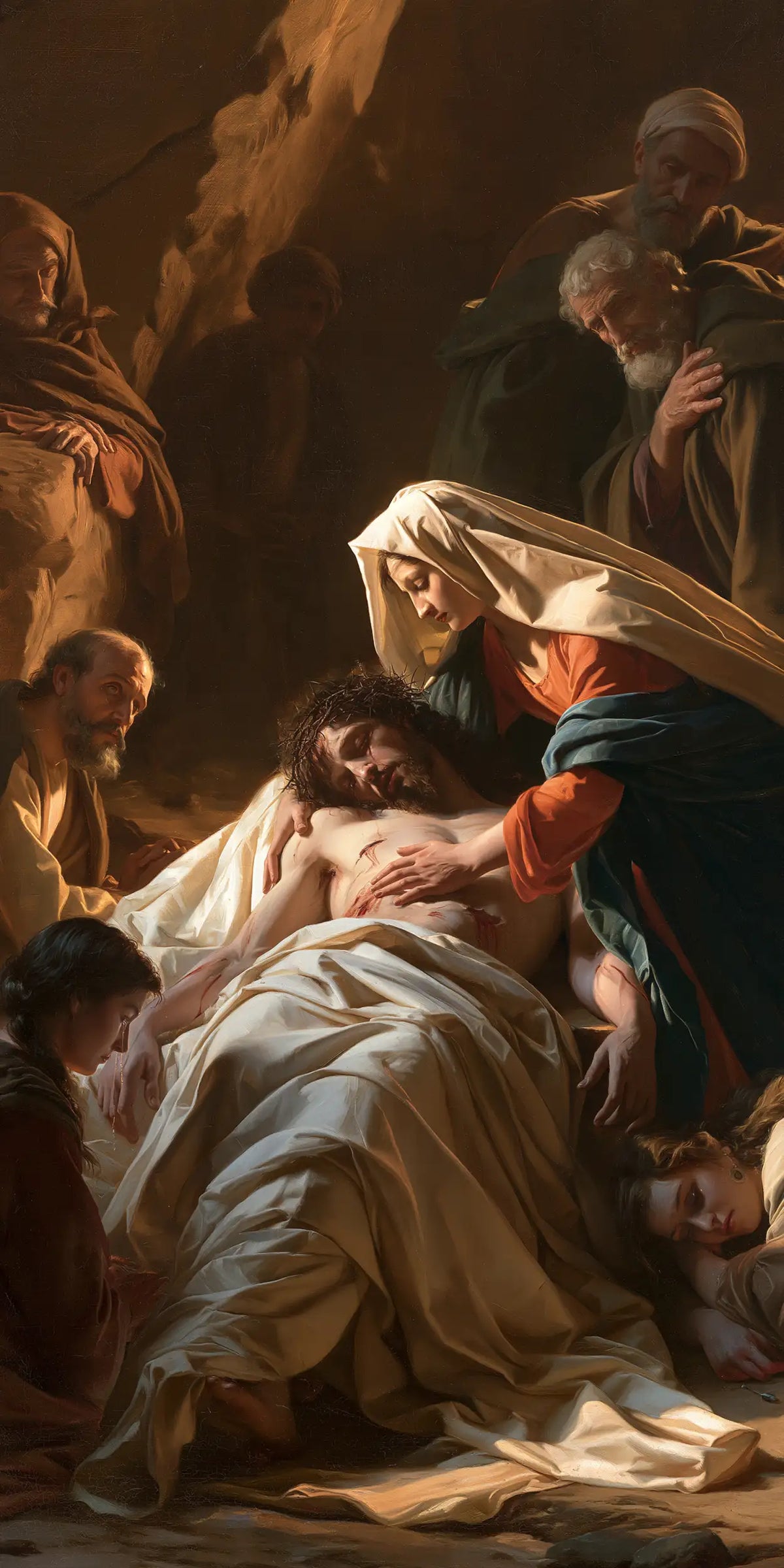 Entombment of Jesus Christ in Intimate Mourning style, portrait Christian artwork no. 1