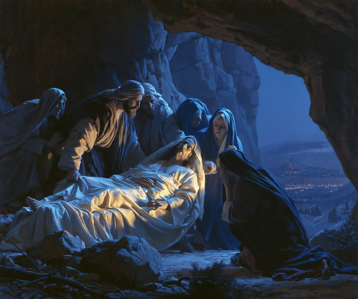 Entombment of Jesus Christ in Midnight-blue Chiaroscuro style, landscape Christian artwork no. 1