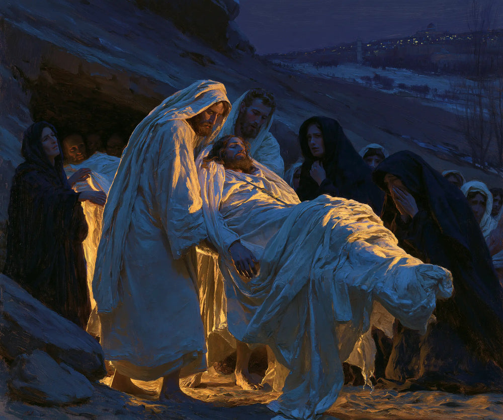 Entombment of Jesus Christ in Midnight-blue Chiaroscuro style, landscape Christian artwork no. 3