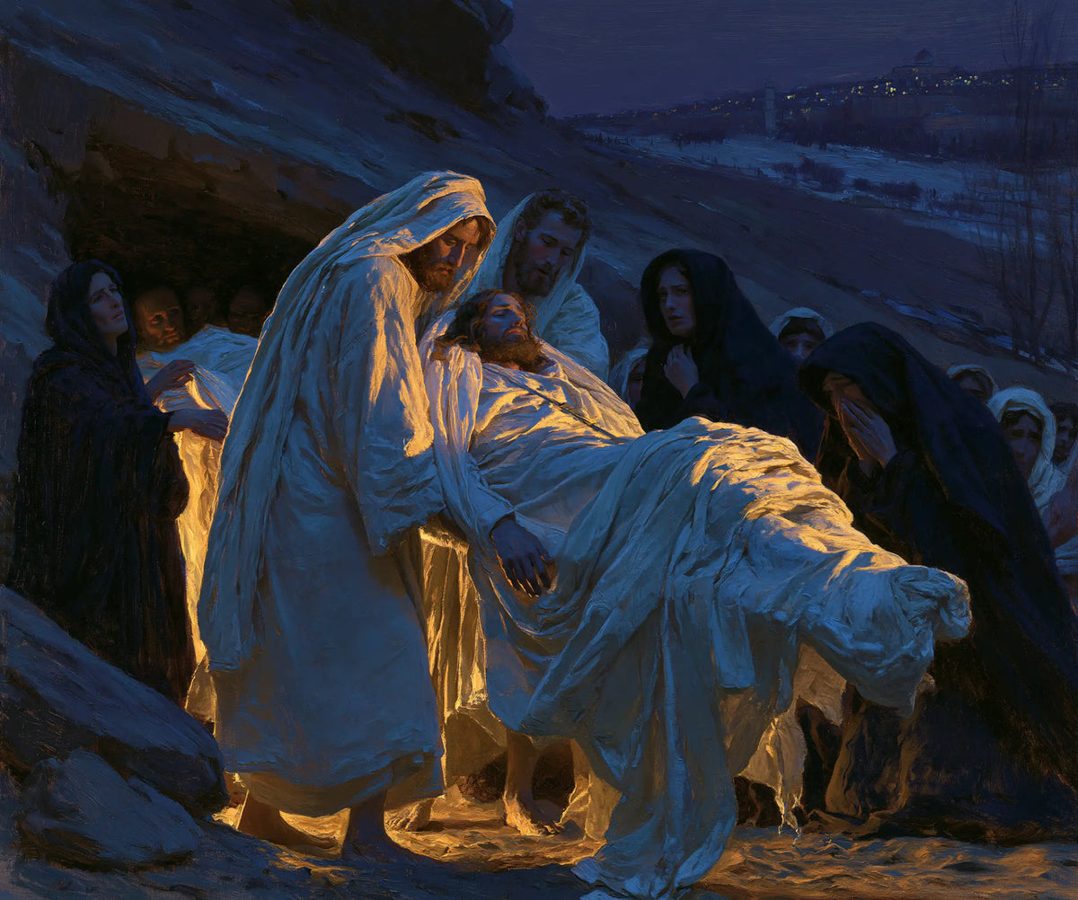 Entombment of Jesus Christ in Midnight-blue Chiaroscuro style, landscape Christian artwork no. 3