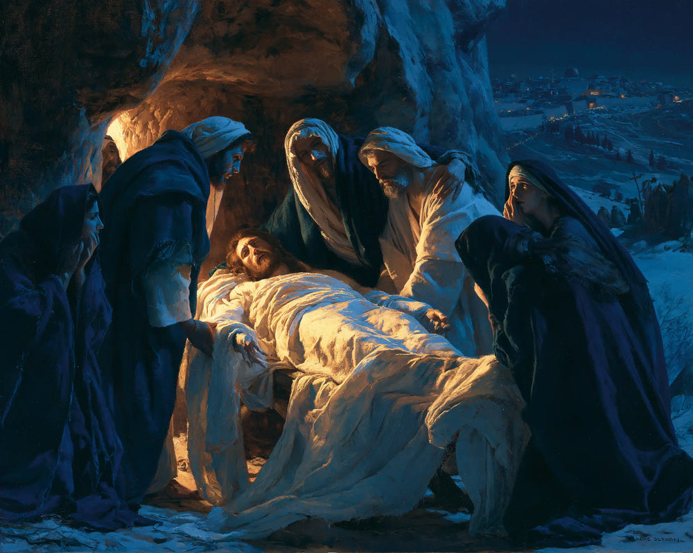 Entombment of Jesus Christ in Midnight-blue Chiaroscuro style, landscape Christian artwork no. 4