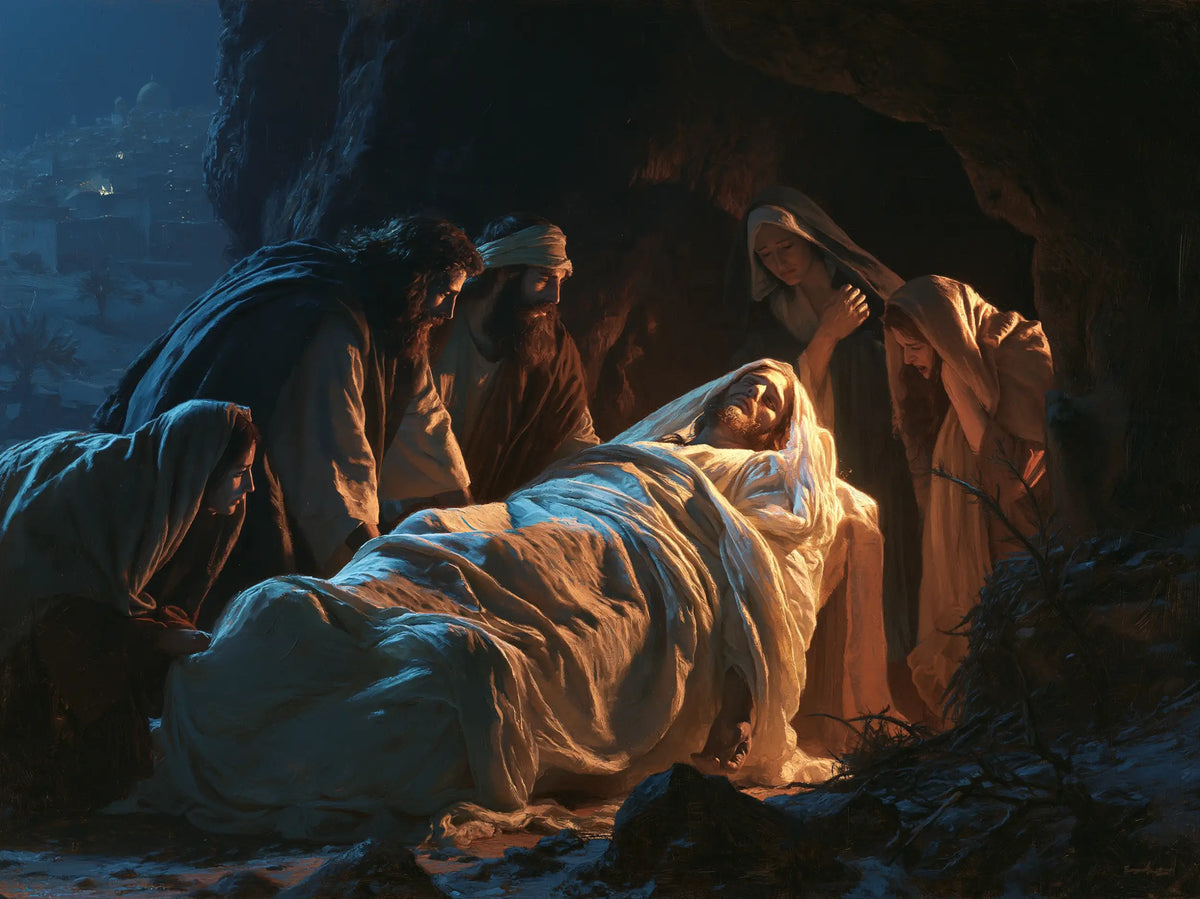 Entombment of Jesus Christ in Midnight-blue Chiaroscuro style, landscape Christian artwork no. 7