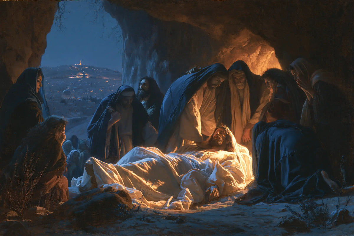 Entombment of Jesus Christ in Midnight-blue Chiaroscuro style, landscape Christian artwork no. 9