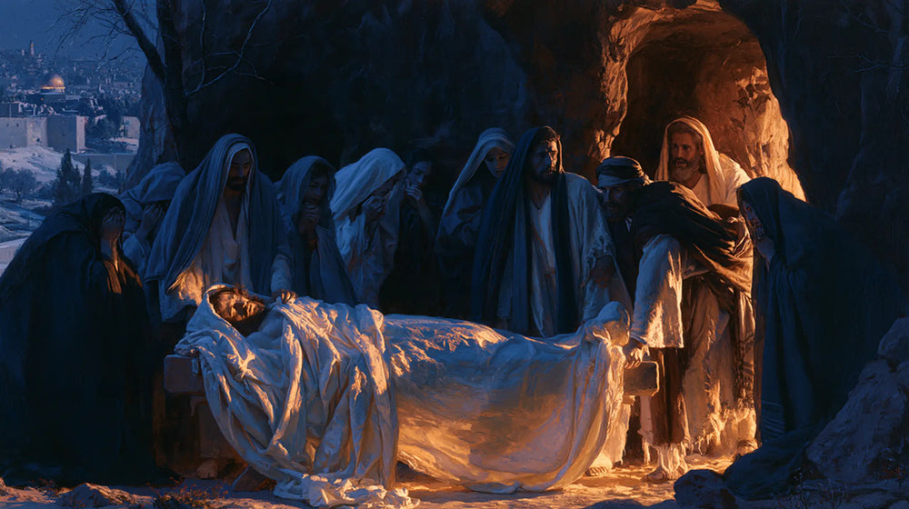 Entombment of Jesus Christ in Midnight-blue Chiaroscuro style, landscape Christian artwork no. 10