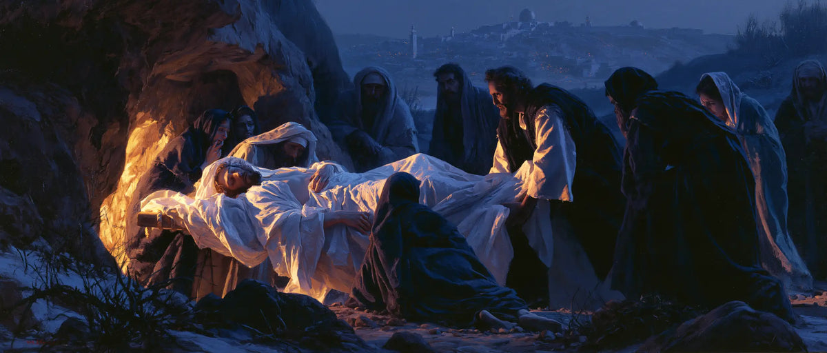 Entombment of Jesus Christ in Midnight-blue Chiaroscuro style, landscape Christian artwork no. 16