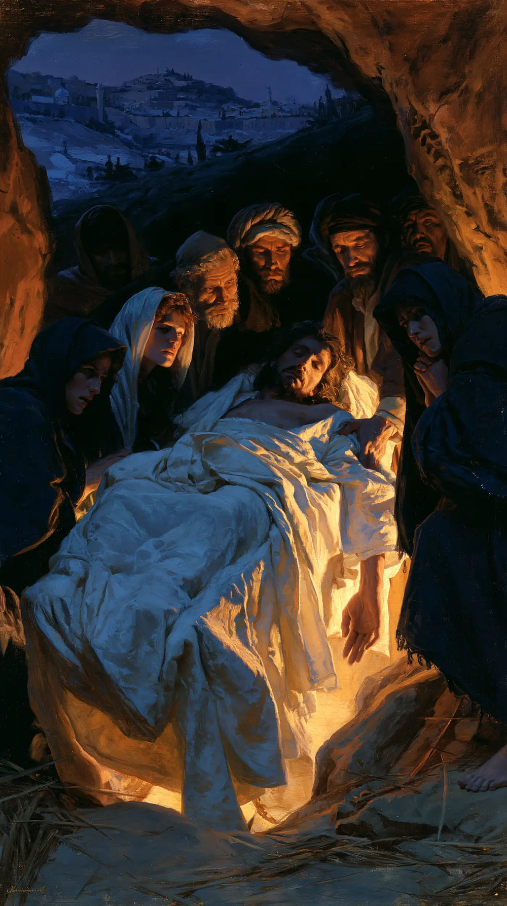 Entombment of Jesus Christ in Midnight-blue Chiaroscuro style, portrait Christian artwork no. 9