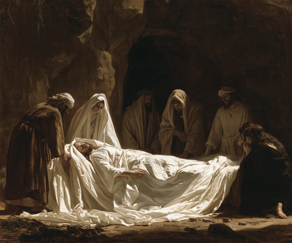 Entombment of Jesus Christ in Sacred Silence style, landscape Christian artwork no. 2