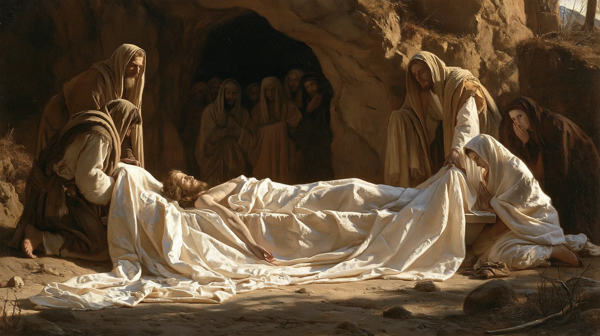 Entombment of Jesus Christ in Sacred Silence style, landscape Christian artwork no. 13