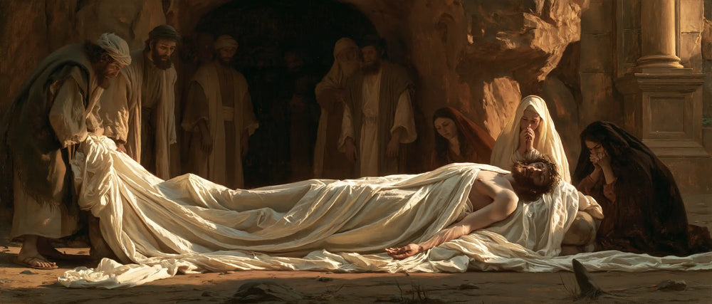 Entombment of Jesus Christ in Sacred Silence style, landscape Christian artwork no. 21