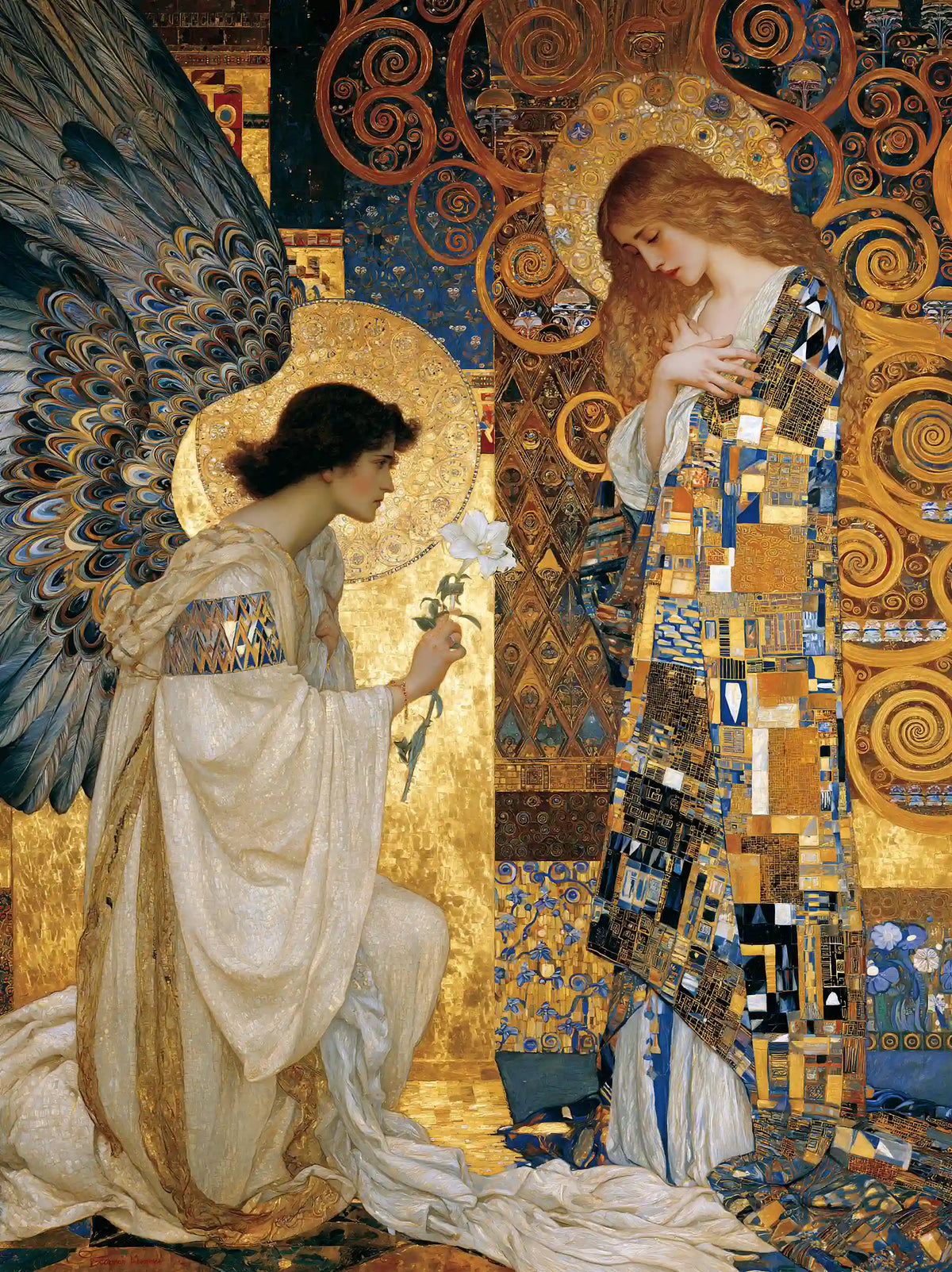 Gabriel Kneeling beneath Peacock Wings – Golden Secession Art · Portrait