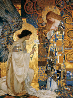 Gabriel Kneeling beneath Peacock Wings – Golden Secession Art · Portrait