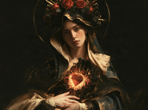 the Immaculate Heart of Mary in black and gold in Black and Gold style, landscape Christian artwork no. 1