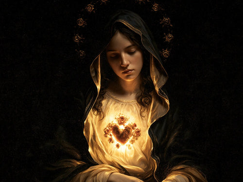 the Immaculate Heart of Mary in black and gold in Black and Gold style, landscape Christian artwork no. 5