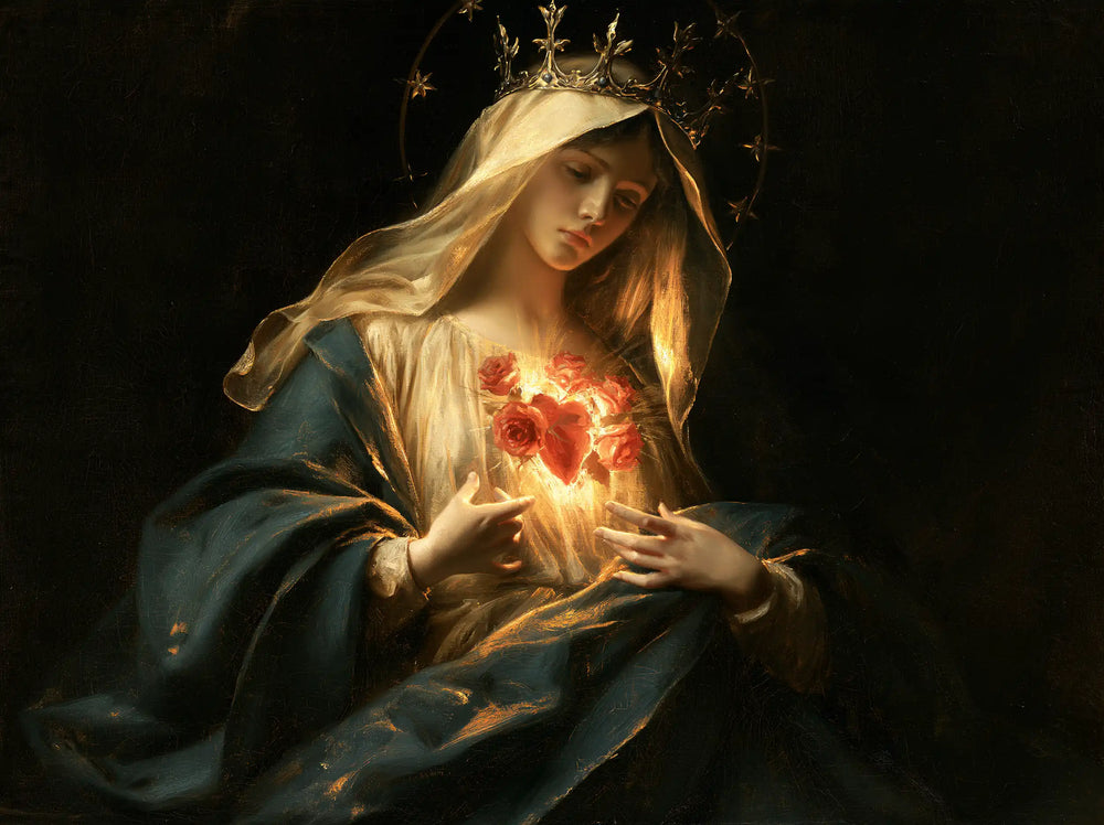 the Immaculate Heart of Mary in black and gold in Black and Gold style, landscape Christian artwork no. 8