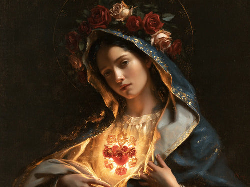 the Immaculate Heart of Mary in black and gold in Black and Gold style, landscape Christian artwork no. 10