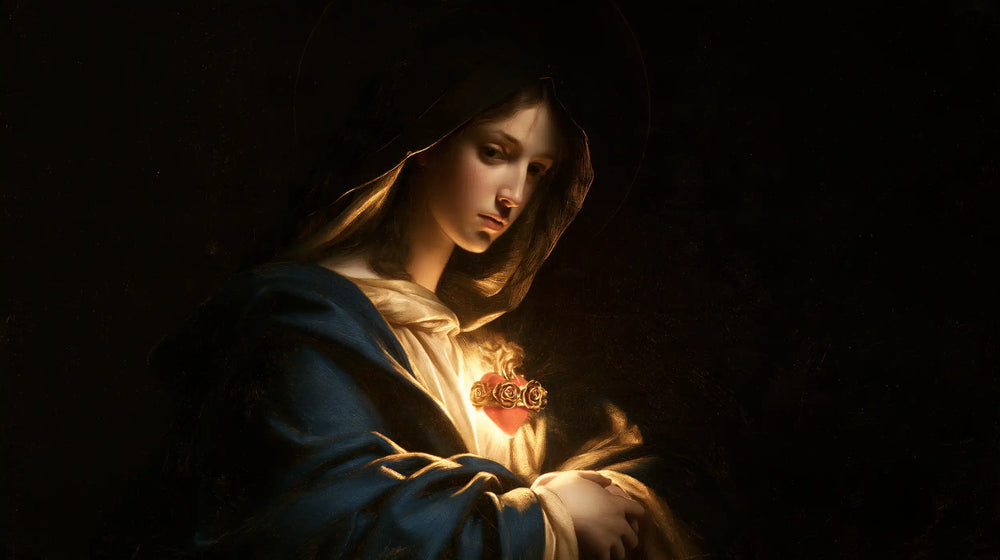 the Immaculate Heart of Mary in black and gold in Black and Gold style, landscape Christian artwork no. 11