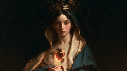 the Immaculate Heart of Mary in black and gold in Black and Gold style, landscape Christian artwork no. 16