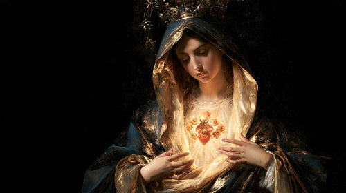 the Immaculate Heart of Mary in black and gold in Black and Gold style, landscape Christian artwork no. 18