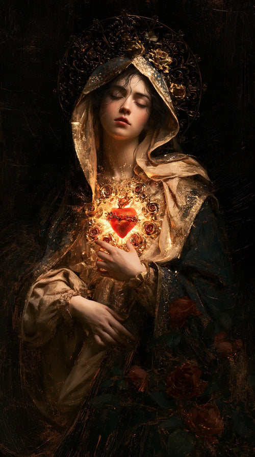 the Immaculate Heart of Mary in black and gold in Black and Gold style, portrait Christian artwork no. 2