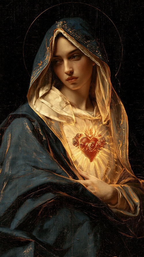 the Immaculate Heart of Mary in black and gold in Black and Gold style, portrait Christian artwork no. 7