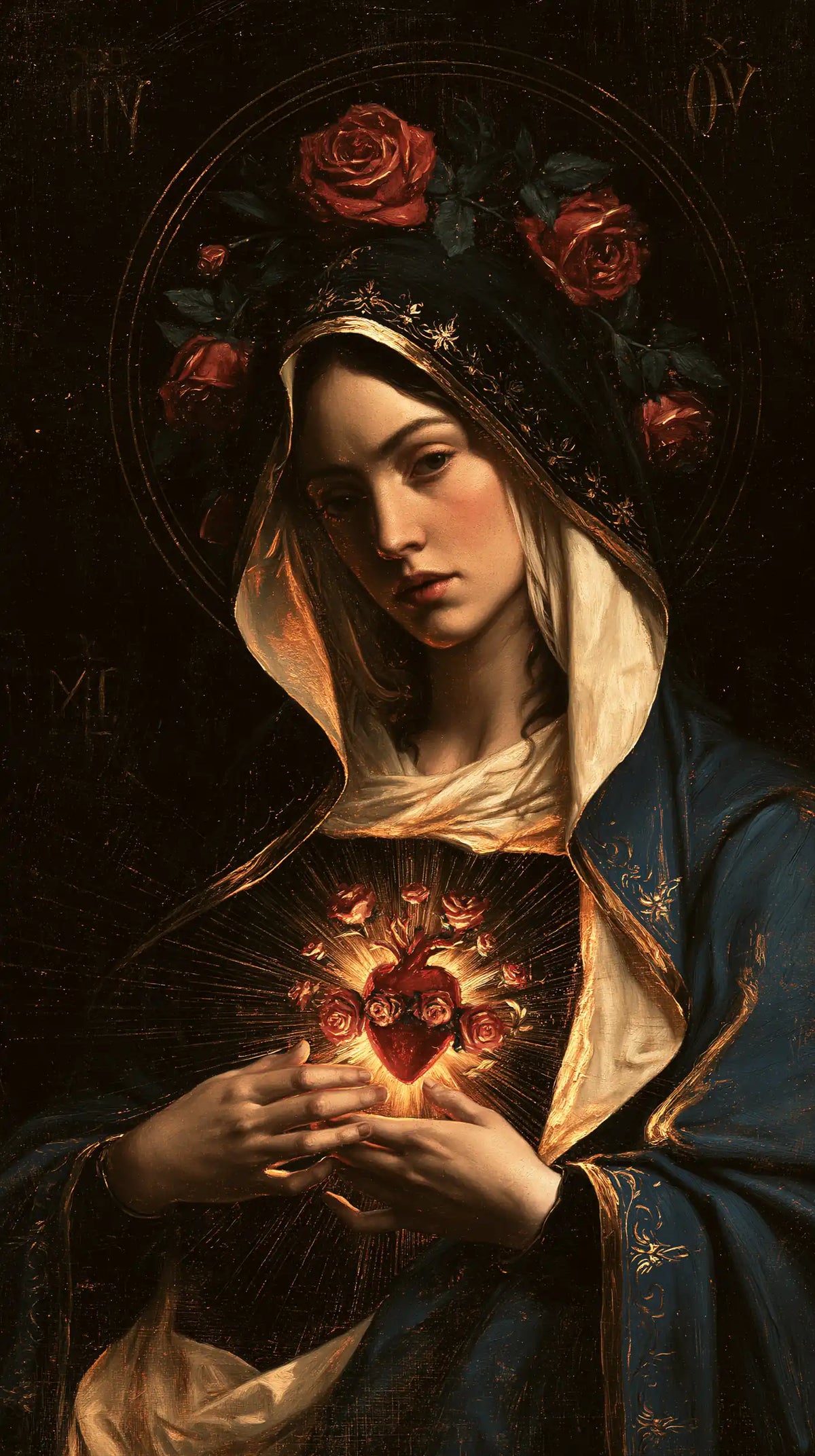 the Immaculate Heart of Mary in black and gold in Black and Gold style, portrait Christian artwork no. 10