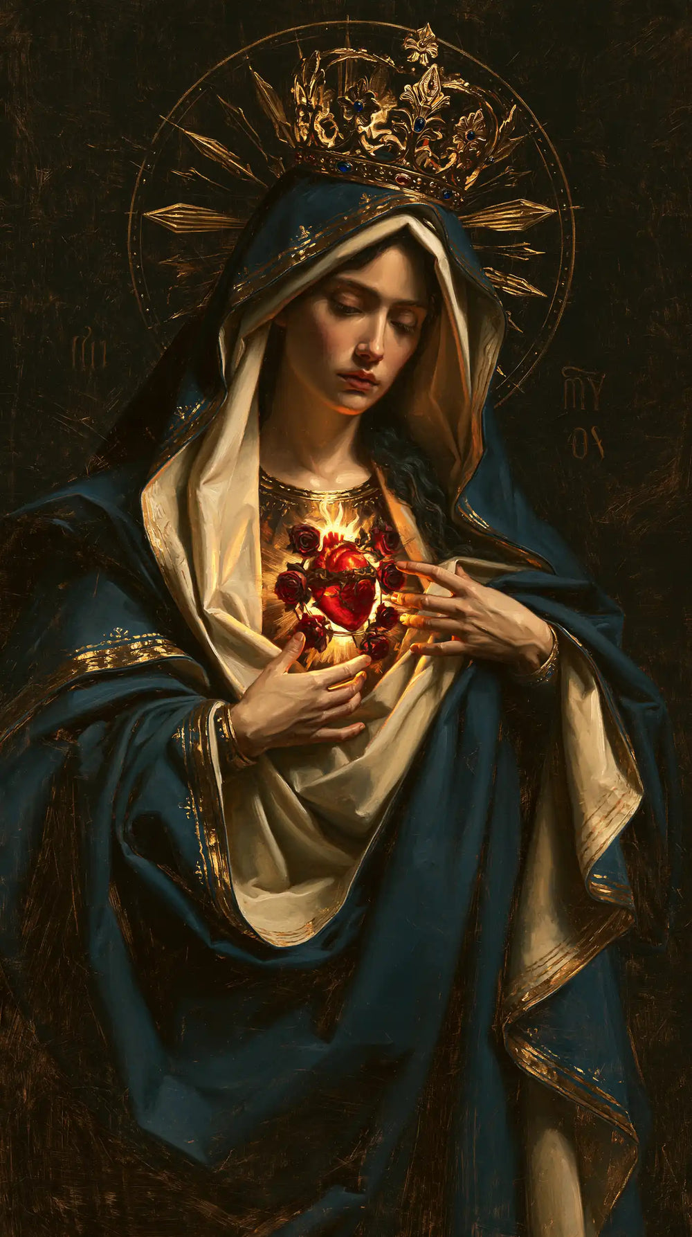 the Immaculate Heart of Mary in black and gold in Black and Gold style, portrait Christian artwork no. 11