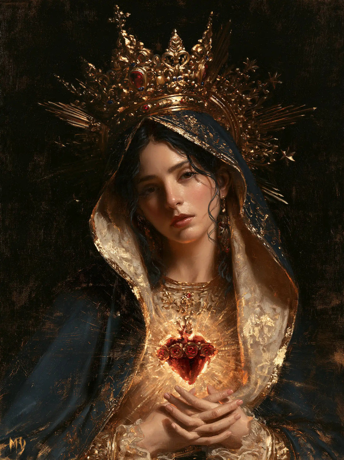 the Immaculate Heart of Mary in black and gold in Black and Gold style, portrait Christian artwork no. 15