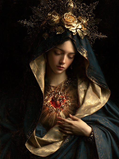 the Immaculate Heart of Mary in black and gold in Black and Gold style, portrait Christian artwork no. 17